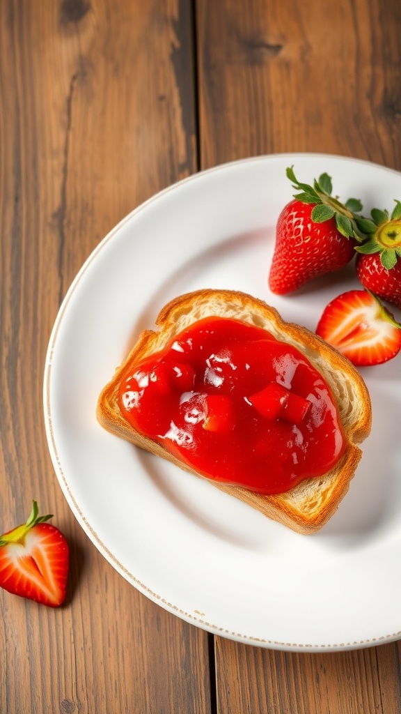 Golden-brown toast with strawberry jam on a rustic plate, garnished with fresh strawberries.